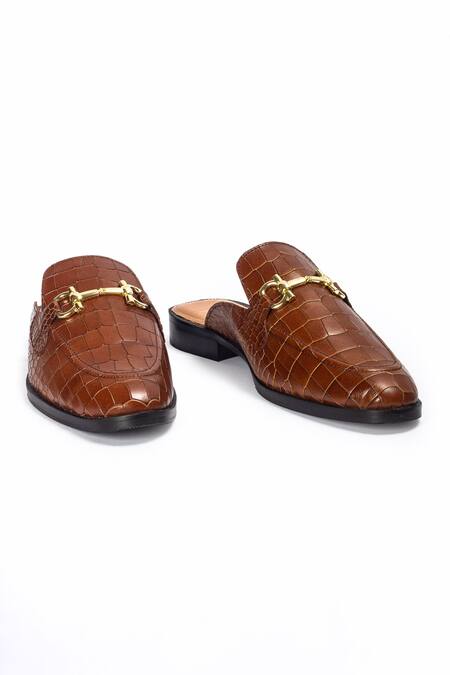 Domani_Brown Louis Croco Embossed Leather Buckle Mules _Online_at_Aza_Fashions