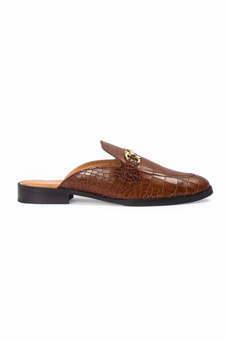 Buy_Domani_Brown Louis Croco Embossed Leather Buckle Mules _Online_at_Aza_Fashions