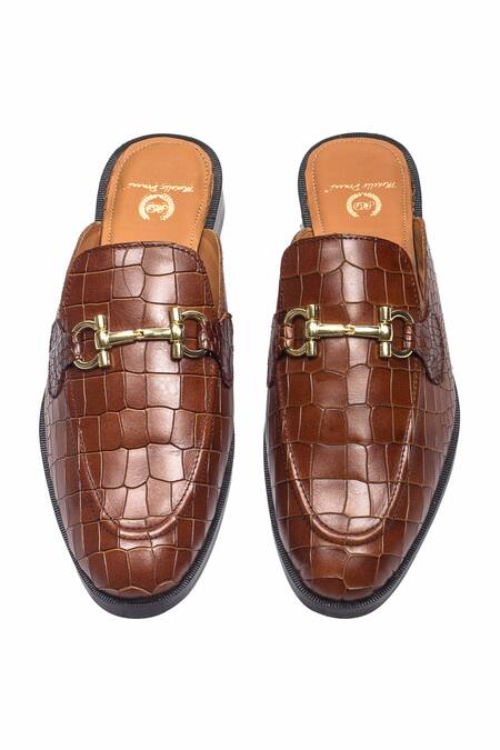 Shop_Domani_Brown Louis Croco Embossed Leather Buckle Mules _Online_at_Aza_Fashions