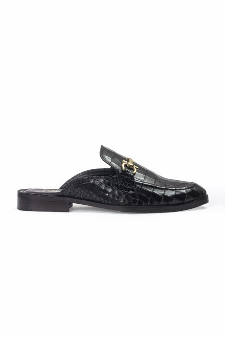 Domani_Black Louis Croco Embossed Leather Buckle Mules _Online_at_Aza_Fashions