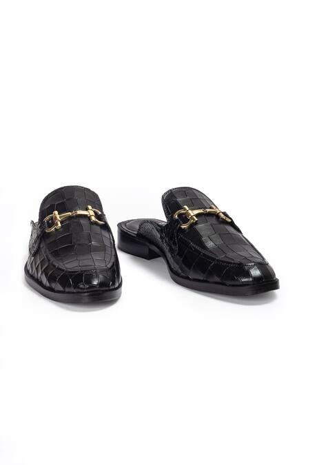 Buy_Domani_Black Louis Croco Embossed Leather Buckle Mules _Online_at_Aza_Fashions