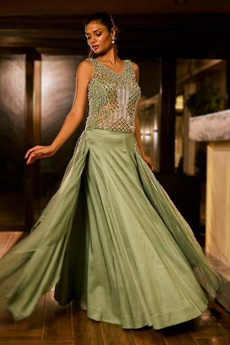 Babita Malkani_Mint Silk, Net Sequins, Beads V-neck Embroidered Lehenga And Blouse Set _Online_at_Aza_Fashions