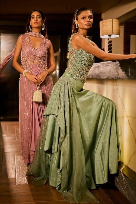 Buy_Babita Malkani_Mint Silk, Net Sequins, Beads V-neck Embroidered Lehenga And Blouse Set 