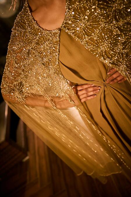 Babita Malkani_Olive Green Georgette Round Neck Embellished Cape And Dress Set _Online_at_Aza_Fashions