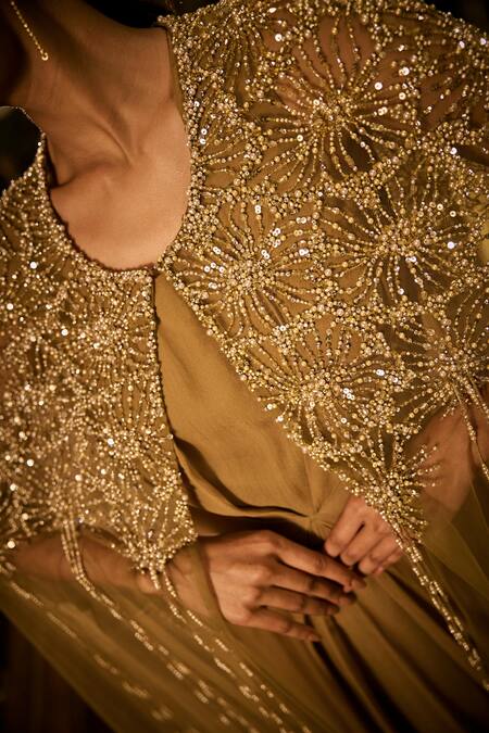 Shop_Babita Malkani_Olive Green Georgette Round Neck Embellished Cape And Dress Set _Online_at_Aza_Fashions