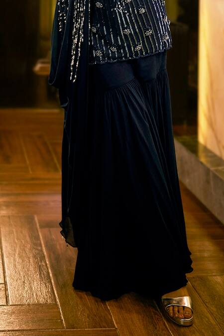 Babita Malkani_Navy Crepe, Net Sequins, Pearls, Beads Round Embellished Peplum Top With Sharara _Online_at_Aza_Fashions