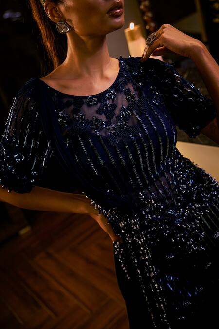 Shop_Babita Malkani_Navy Crepe, Net Sequins, Pearls, Beads Round Embellished Peplum Top With Sharara _Online_at_Aza_Fashions