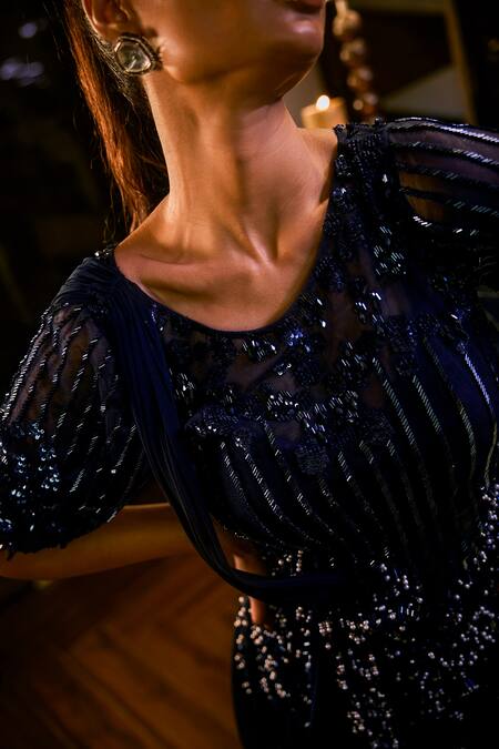Babita Malkani_Navy Crepe, Net Sequins, Pearls, Beads Round Embellished Peplum Top With Sharara _at_Aza_Fashions