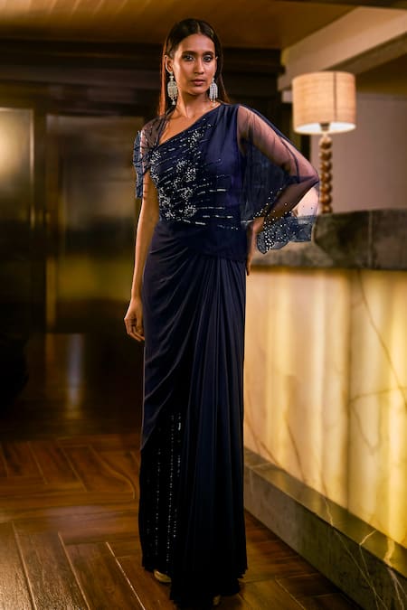Babita Malkani_Navy Crepe, Net Sequins, Pearls, Beads V-neck Embellished Draped Jumpsuit _Online_at_Aza_Fashions