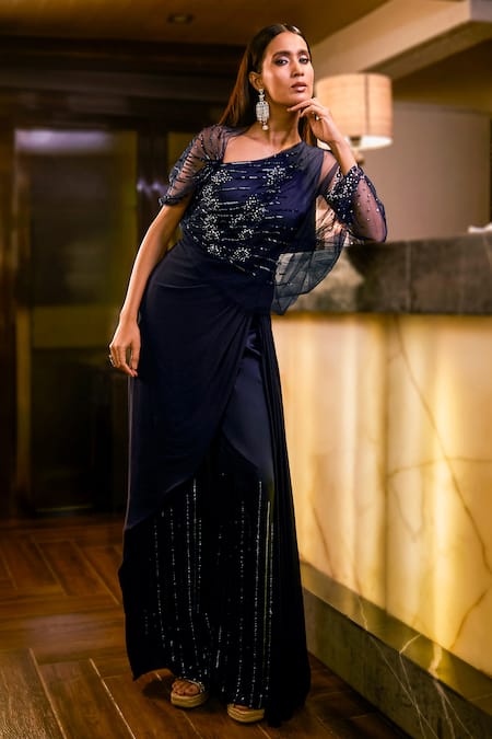 Buy_Babita Malkani_Navy Crepe, Net Sequins, Pearls, Beads V-neck Embellished Draped Jumpsuit _Online_at_Aza_Fashions