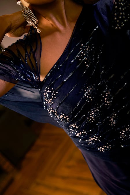 Shop_Babita Malkani_Navy Crepe, Net Sequins, Pearls, Beads V-neck Embellished Draped Jumpsuit _Online_at_Aza_Fashions