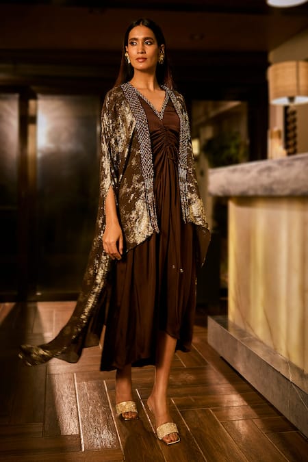 Babita Malkani_Chocolate Georgette V-neck, Open Crystal And Sequins Embroidered Dress With Cape _Online_at_Aza_Fashions