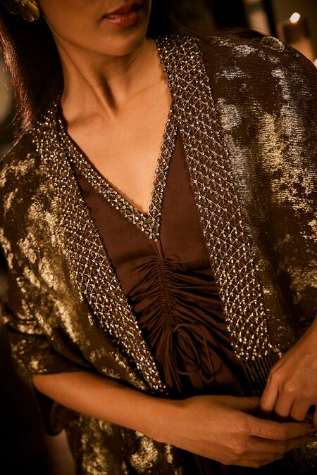 Babita Malkani_Chocolate Georgette V-neck, Open Crystal And Sequins Embroidered Dress With Cape _at_Aza_Fashions