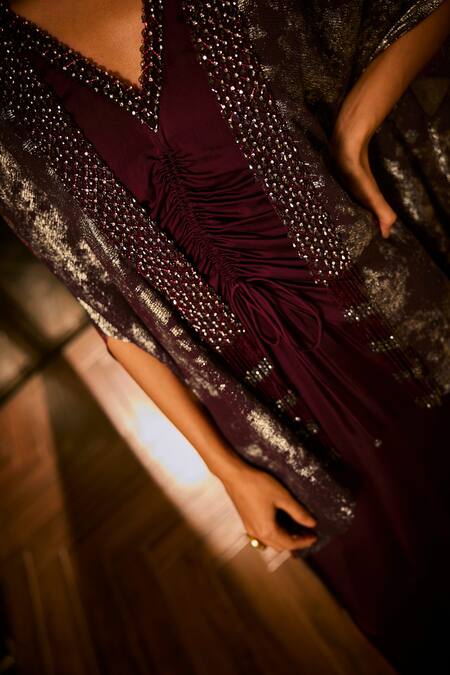 Babita Malkani_Maroon Satin, Georgette Crystals, Sequins V-neck And Embroidered Dress With Cape _Online_at_Aza_Fashions