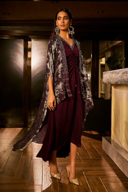 Buy_Babita Malkani_Maroon Satin, Georgette Crystals, Sequins V-neck And Embroidered Dress With Cape _Online_at_Aza_Fashions