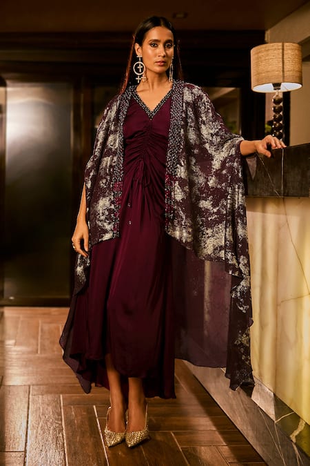 Shop_Babita Malkani_Maroon Satin, Georgette Crystals, Sequins V-neck And Embroidered Dress With Cape _Online_at_Aza_Fashions