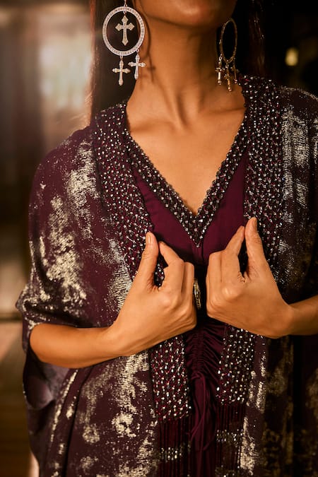 Babita Malkani_Maroon Satin, Georgette Crystals, Sequins V-neck And Embroidered Dress With Cape _at_Aza_Fashions