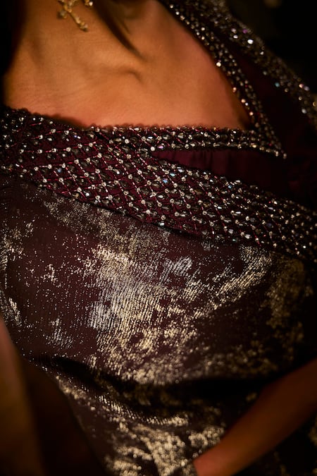 Buy_Babita Malkani_Maroon Satin, Georgette Crystals, Sequins V-neck And Embroidered Dress With Cape 