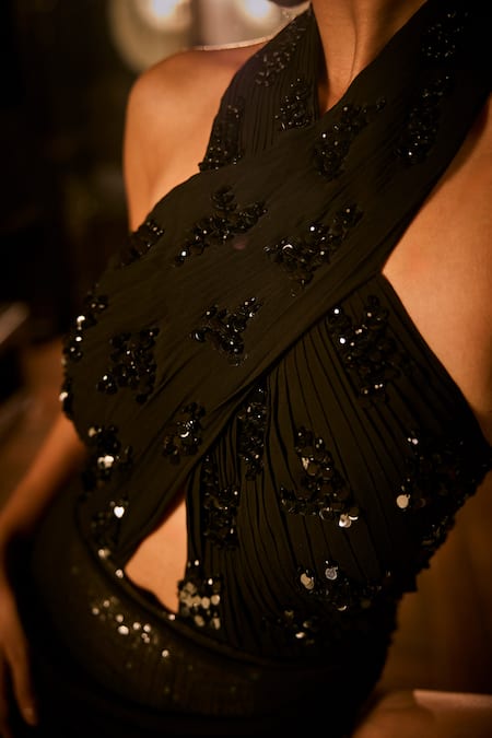 Babita Malkani_Black Georgette Sequins, Embroidery Halter Neck Draped Gown _Online_at_Aza_Fashions