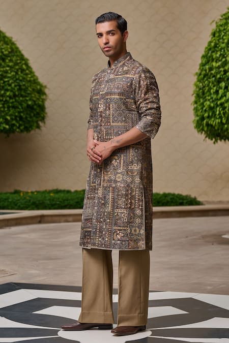 Tarun Tahiliani_Brown Cotton, Jacquard, Suiting Printed Front-open Kurta And Flared Trouser Set _Online_at_Aza_Fashions