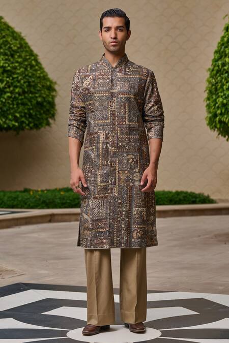 Buy_Tarun Tahiliani_Brown Cotton, Jacquard, Suiting Printed Front-open Kurta And Flared Trouser Set _Online_at_Aza_Fashions