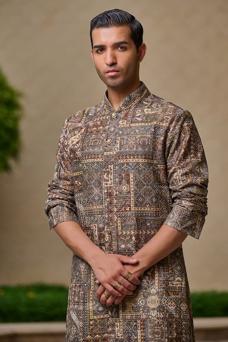 Shop_Tarun Tahiliani_Brown Cotton, Jacquard, Suiting Printed Front-open Kurta And Flared Trouser Set _Online_at_Aza_Fashions