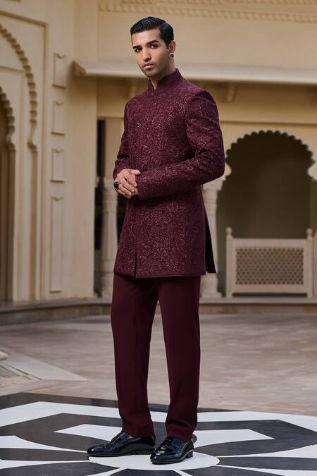 Tarun Tahiliani_Wine Georgette, Cotton Satin Sequins, Embroidery Bandhgala Set _Online_at_Aza_Fashions