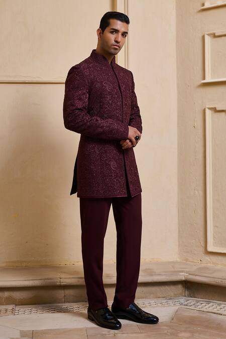 Tarun Tahiliani_Wine Georgette, Cotton Satin Sequins, Embroidery Bandhgala Set _at_Aza_Fashions