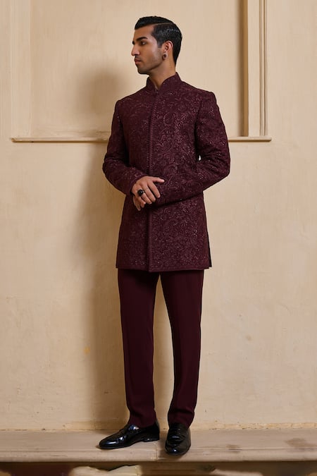Buy_Tarun Tahiliani_Wine Georgette, Cotton Satin Sequins, Embroidery Bandhgala Set 
