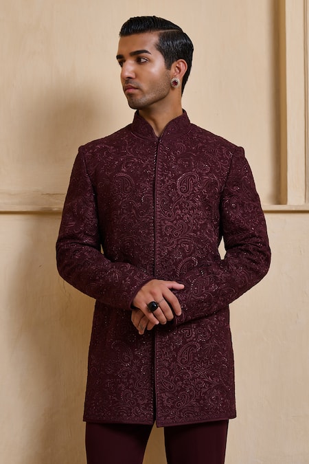 Shop_Tarun Tahiliani_Wine Georgette, Cotton Satin Sequins, Embroidery Bandhgala Set 