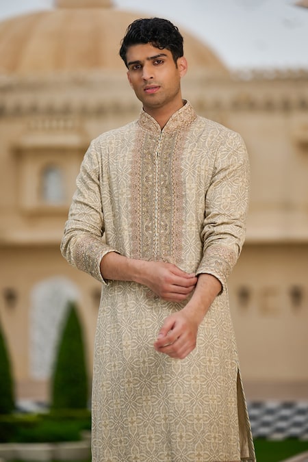 Tarun Tahiliani_Brown Cotton, Poplin, Lycra Embroidery Printed Kurta And Churidar Set  _Online_at_Aza_Fashions