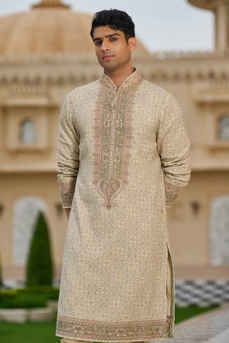 Buy_Tarun Tahiliani_Brown Cotton, Poplin, Lycra Embroidery Printed Kurta And Churidar Set  _Online_at_Aza_Fashions