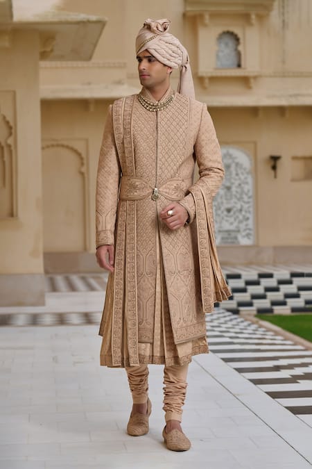 Tarun Tahiliani_Gold Georgette, Silk, Jacquard, Poplin, Lycra, Cotton Dori Sherwani Set _Online_at_Aza_Fashions