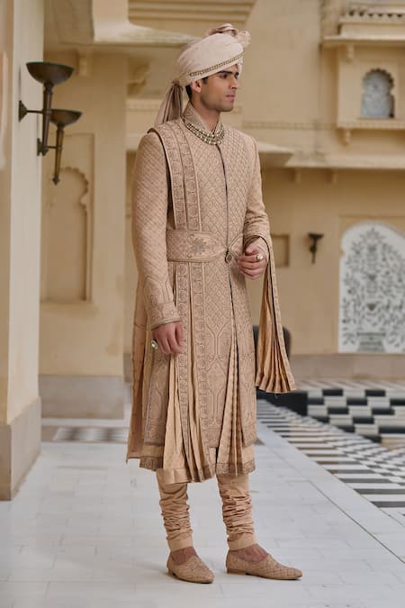 Buy_Tarun Tahiliani_Gold Georgette, Silk, Jacquard, Poplin, Lycra, Cotton Dori Sherwani Set _Online_at_Aza_Fashions