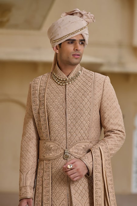 Shop_Tarun Tahiliani_Gold Georgette, Silk, Jacquard, Poplin, Lycra, Cotton Dori Sherwani Set _Online_at_Aza_Fashions