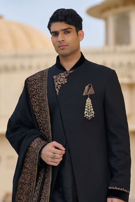 Tarun Tahiliani Black Chanderi, Jacquard, Cotton, Suiting Embroidery, Achkan Sherwani Kurta Set Online at Aza Fashions Tarun Tahiliani_Black Chanderi, Jacquard, Cotton, Suiting Embroidery, Achkan Sherwani Kurta Set _Online_at_Aza_Fashions