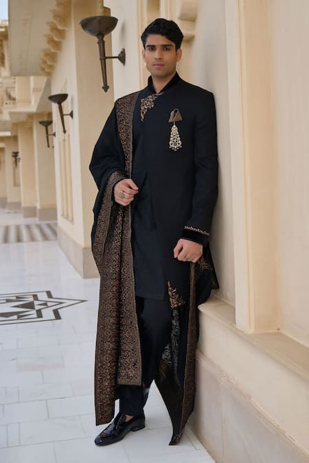 Buy Tarun Tahiliani Black Chanderi, Jacquard, Cotton, Suiting Embroidery, Achkan Sherwani Kurta Set Online at Aza Fashions Buy_Tarun Tahiliani_Black Chanderi, Jacquard, Cotton, Suiting Embroidery, Achkan Sherwani Kurta Set _Online_at_Aza_Fashions