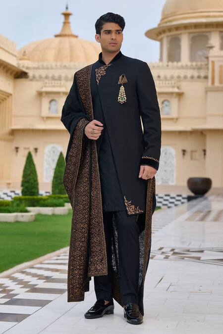 Shop Tarun Tahiliani Black Chanderi, Jacquard, Cotton, Suiting Embroidery, Achkan Sherwani Kurta Set Online at Aza Fashions Shop_Tarun Tahiliani_Black Chanderi, Jacquard, Cotton, Suiting Embroidery, Achkan Sherwani Kurta Set _Online_at_Aza_Fashions