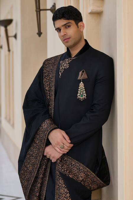 Tarun Tahiliani Black Chanderi, Jacquard, Cotton, Suiting Embroidery, Achkan Sherwani Kurta Set at Aza Fashions Tarun Tahiliani_Black Chanderi, Jacquard, Cotton, Suiting Embroidery, Achkan Sherwani Kurta Set _at_Aza_Fashions