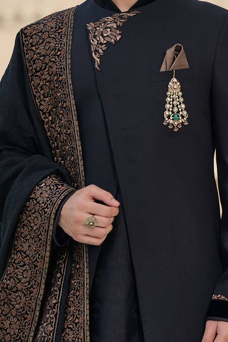 Buy Tarun Tahiliani Black Chanderi, Jacquard, Cotton, Suiting Embroidery, Achkan Sherwani Kurta Set Buy_Tarun Tahiliani_Black Chanderi, Jacquard, Cotton, Suiting Embroidery, Achkan Sherwani Kurta Set