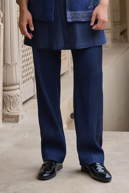 Tarun Tahiliani_Navy Dupion, Silk, Cotton, Jacquard Embroidery, Pearls Nehru Jacket Set _Online_at_Aza_Fashions