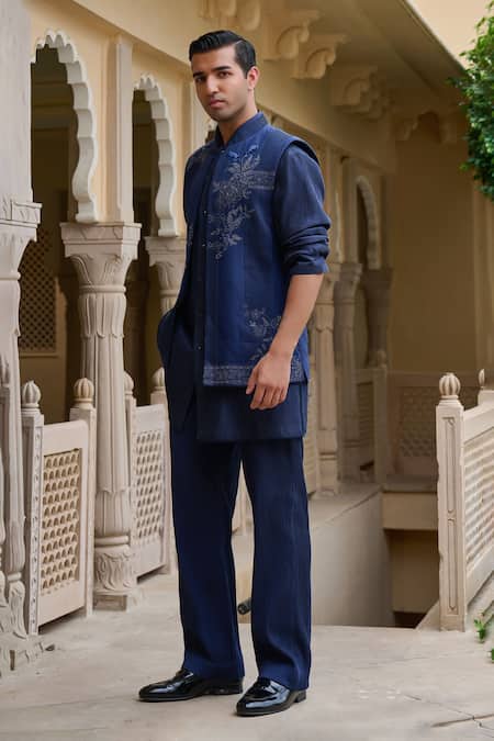Shop_Tarun Tahiliani_Navy Dupion, Silk, Cotton, Jacquard Embroidery, Pearls Nehru Jacket Set _Online_at_Aza_Fashions