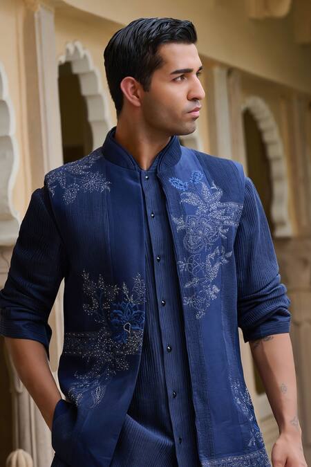 Buy_Tarun Tahiliani_Navy Dupion, Silk, Cotton, Jacquard Embroidery, Pearls Nehru Jacket Set 
