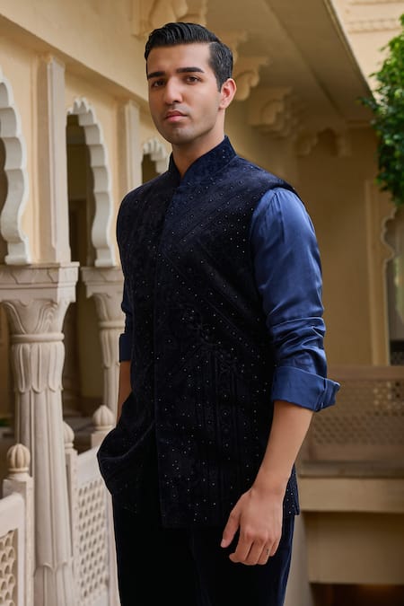 Tarun Tahiliani_Blue Cotton Satin, Velvet Embroidery Floral Waistcoat And Trouser Set _Online_at_Aza_Fashions