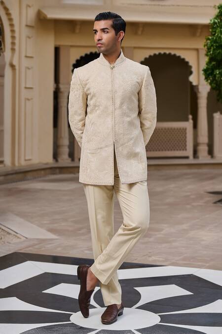Tarun Tahiliani_Beige Georgette, Cotton Satin, Suiting Embroidery, Chikankari Bandgala Set _Online_at_Aza_Fashions