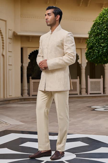 Buy_Tarun Tahiliani_Beige Georgette, Cotton Satin, Suiting Embroidery, Chikankari Bandgala Set _Online_at_Aza_Fashions