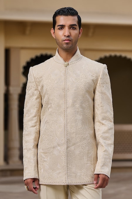 Shop_Tarun Tahiliani_Beige Georgette, Cotton Satin, Suiting Embroidery, Chikankari Bandgala Set _Online_at_Aza_Fashions