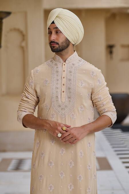 Tarun Tahiliani_Beige Poplin, Lycra, Georgette Embroidery Chikankari Kurta And Churidar Set _Online_at_Aza_Fashions
