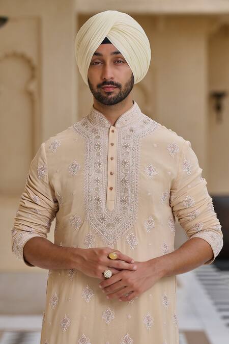 Buy_Tarun Tahiliani_Beige Poplin, Lycra, Georgette Embroidery Chikankari Kurta And Churidar Set _Online_at_Aza_Fashions