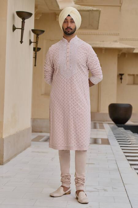 Buy_Tarun Tahiliani_Pink Georgette, Poplin, Lycra Embroidery, Chikankari Kurta And Churidar Set _Online_at_Aza_Fashions